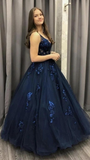 Dark Blue V-Neck Appliques Long Prom Dresses Ball Gown HZ1023