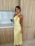 Simple A Line Halter Yellow Satin Open Back Long Prom Dress Evening Dress HZ1023