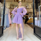 A Line Purple Off Shoulder Homecoming Dress A Puff Sleeves Evening Dress HZ1023