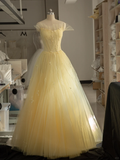 Stunning A Line Strapless Flower Light Yellow Tulle Long Prom Dress Evening Dress HZ1023