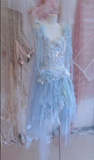 Baby Blue A Line Straps Floral Beaded Tulle Short Prom Dress 16th Birthday Dress HZ1023