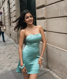 Turquoise A Line Sweetheart Neck Satin Short Homecoming Dress HZ1023