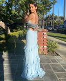 Spaghetti Straps Mermaid V Neck Blue Backless Long Prom Dress Formal Party Evening Gown HZ1023