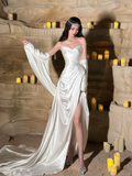 Charming A Line Sweetheart Neck Pleated White Satin Long Prom Dress Evening Dress with Slit HZ1023