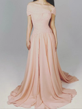 Pink Elegant A Line Off the Shoulder Beaded Chiffon Long Evening Dress Prom Dress HZ1023