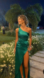 Green Sheath Ruched One Shoulder Split Front Prom Dress Elegant Evening Dress HZ1023