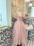 Classic Pink A Line V Neck Beaded Tulle Long Party Dress Prom Dress Formal Dress HZ1023