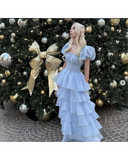 Cute Blue Tulle Tiered Hepburn Princess Prom Dress Evening Dress Ball Gown HZ1023