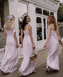 Gentle A Line Straps Pink Satin Long Bridesmaid Dress Evening Dress with Bow HZ1023