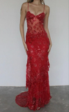 Red Spaghetti Straps Lace Beading Gorgeous Mermaid Evening Dress HZ1023