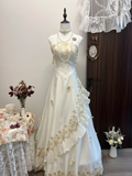 Vintage A Line Strapless Golden Appliques White Satin Long Prom Dress Party Dress HZ1023