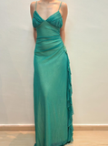 Vintage A Line Spaghetti Strap Rhinestone Green Chiffon Prom Dress Evening Dress HZ1023