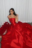 Charming A Line Strapless Red Satin Long Prom Dress Evening Dress HZ1023