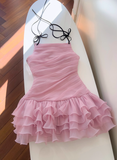 Cute Pink A Line Spaghetti Strap Layered Chiffon Homecoming Dress HZ1023