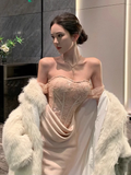 Elegant Mermaid Off the Shoulder Apricot Lace Satin Prom Dress Evening Dress Formal Gown HZ1023