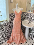 Shiny Orange Mermaid Spaghetti Strap Sequin Open Back Evening Dress Prom Dress HZ1023