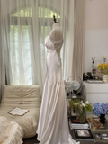 Classy Mermaid V Neck Beaded White Satin Long Open Back Party Dress Evening Dress HZ1023