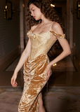 Stunning Pearl Golden Sheath Off the Shoulder Satin Velvet Prom Dress Party Dress HZ1023