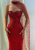 Sexy Red Sheath Strapless Beaded Tulle Prom Dress HZ1023