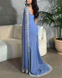 Sparkly Blue Evening Dresses Cape Long Mermaid Prom Dress Formal Evening Dress Wedding Dress HZ1023