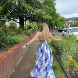 Blue Spaghetti Straps Print Long Prom Dress Party Dress HZ1023