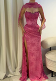 Pink A Line Sweetheart Neck Beaded Lace Prom Dress Evening Dress with Slit HZ1023