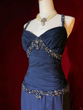Retro Navy Blue A Line Spaghetti Strap Beaded Appliques Satin Prom Dress Evening Dress HZ1023