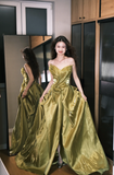 Olive Green A Line Sweetheart Neck Pleated Satin Long Prom Dress Formal Gown HZ1023