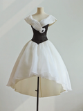 Retro Classic White Black Ball Gown Satin Organza Long Prom Dress Party Dress HZ1023