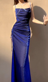 Royal Blue Stunning Sheath Spaghetti Strap Tulle Prom Dress Evening Dress HZ1023