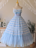 Vintage Blue Ball Gown Sweetheart Neck Layered Lace Tulle Prom Dress 16th Birthday Dress HZ1023