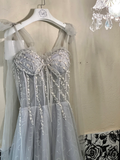 Grey A Line Spaghetti Strap Beaded Corset Tulle Prom Dress Evening Dress HZ1023