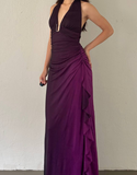Sexy Sheath Halter Purple Ombre Chiffon Open Back Long Prom Dress Evening Dress HZ1023