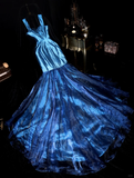 Charming Blue Mermaid Strap Organza Satin Party Dress Evening Dress HZ1023