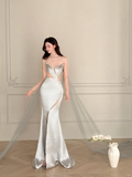 Gorgeous Mermaid Strapless Beaded Silver Satin Tulle Long Evening Dress Ball Gown HZ1023