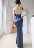 Simple Navy Blue Mermaid Spaghetti Strap Satin Open Back Long Evening Dress Gown Dress HZ1023