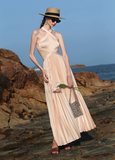 Elegant A Line Halter Pleated Satin Open Back Prom Dress Vacation Dress HZ1023