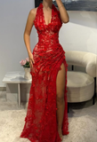 Baby Red Sheath V Neck Beaded 3D Floral Lace Prom Dress Evening Dress HZ1023
