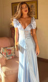 Gentle Baby Blue A Line Puff Lace Satin Long Party Dress Evening Dress Date Dress HZ1023