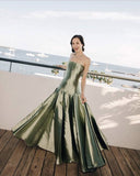 Gentle Mermaid Strapless Sage Green Pleated Satin Long Party Dress Evening Dress HZ1023