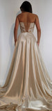 Elegant A Line Strapless Lace Satin Long Prom Dress Evening Dress HZ1023