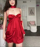 Red A Line Spaghetti Strap Bow Satin Backless Short Homecoming Dress Cocktail Dress HZ1023