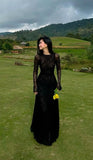 Black Lace Sexy A Line Long Sleeve Evening Dress Prom Dresses Formal Gown HZ1023