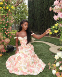 Elegant A Line Spaghetti Strap Print Floral Satin Prom Dress Evening Dress HZ1023