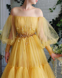 Yellow tulle lace long prom dress party dress HZ1023