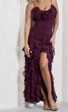 Burgundy Brick Sheath Spaghetti Straps Layered Chiffon Long Prom Dress Evening Dress with Slit HZ1023