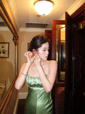 Vintage A Line Spaghetti Strap Beaded Green Satin Party Dress Evening Dress HZ1023