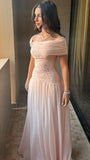Pink Elegant A Line Off the Shoulder Beaded Chiffon Long Evening Dress Prom Dress HZ1023