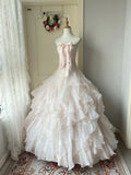Princess A Line Sweetheart Neck Rhinestone Tiered Light Pink Tulle Party Dress Birthday Dress HZ1023