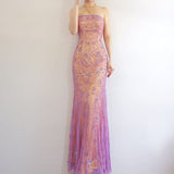 Vintage Sheath Strapless Beaded Chiffon Satin Long Party Dress Evening Dress HZ1023